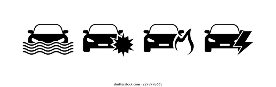 Pkw-Ausfall. Silhouette, Schwarz, Autounfälle. Vektorsymbole.