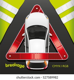 The car in a breakdown triangle with protective vests