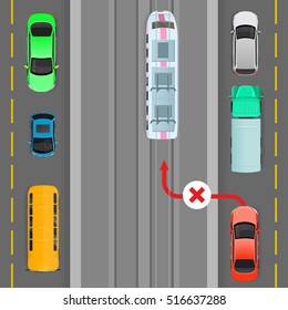 Car Breaks Traffic Rules. Red Car Goes On Trolleybus Line. Complete Breakdown Of Traffic Organization. Auto Overtaking Trolleybus. Overtaking Is Forbidden. Danger On Road. Vector Illustration