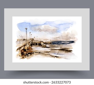 Car bridge with lanterns passes over city river, under blue sky on wall art. Watercolor artwork. Poster with road bridge over wide canal crossing city, in frame with decor for print