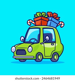 Ilustración del Vector de dibujos animados de la caja de regalo del coche. Transporte Festiva Icon Concept Vector de Premium aislado. Estilo plano de dibujos animados