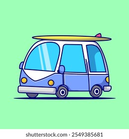 Ilustração do ícone do vetor do desenho animado do carro trazer a prancha de surfe. 
Vetor Premium Isolado do Conceito do Objeto de Transporte. 
Estilo de Desenho Animado Plano