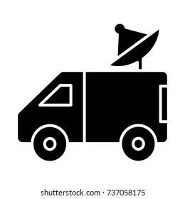 car broadcasting with satellite dish icon, vector illustration, black sign on isolated background