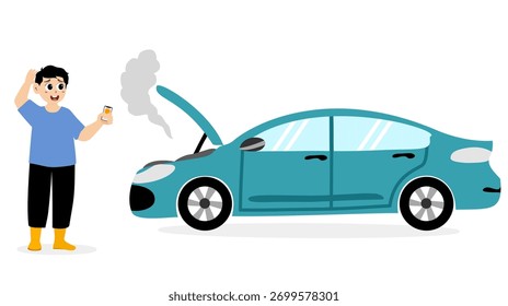 Um carro quebrou na estrada. Um homem chamou o serviço de socorro.