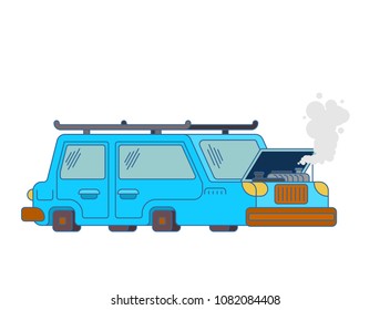 Car broke down. Open hood. Engine started to boil. Vector illustration
