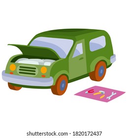 the car broke down and stands with the hood open, tools lie next to it on a mat, cartoon illustration, isolated object on a white background, vector, eps