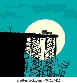 Car and Broken Bridge Vector Illustration