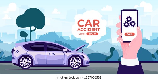 Car broken down. Accident on the road. Flat style eps10 illustration. Hatchback vehicle with open hood. Side view. Simple modern design. Icons collection.