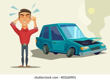 Car broken down. Angry man. Vector flat cartoon illustration
