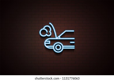 car broken down icon in Neon style on brick wall on dark brick wall background