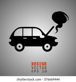 Car Broken Down With Open Hood And Smoke. Auto Defect.  Vector Illustration EPS10