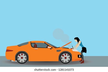 Car broken engine on the street. Working women check the engine in front of the car orange color with smoke.