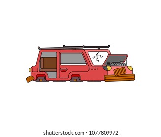 Car broken isolated. Auto and Blown wheels. shattered glass. Vector illustration