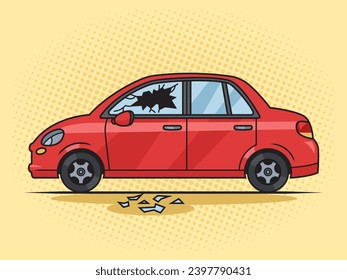 car with a broken window pinup pop art retro hand drawn vector illustration. Comic book style imitation.