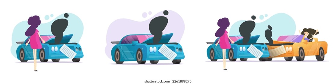 Car broken with woman vector, auto vehicle breakdown collided in smoke illustrated graphics, two female girls arguing in automobile crash accident clipart set image