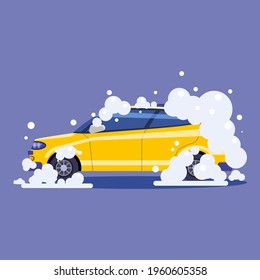 Car in bubbles. Auto Service washing, clean car. Vector illustration isolated