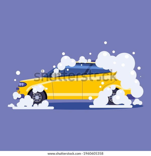 Car in bubbles. Auto Service washing, clean car.\
Vector illustration\
isolated