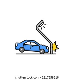 Car Bump Into Pillar, Broken Automobile Isolated Car Trash Line Icon. Drunk Driver, Accident Or Accidental Damage. Dangerous Slippery Road, Collision