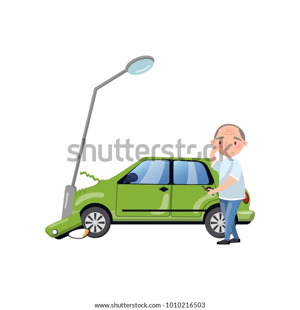 Car bumped at the lamp post, man\
feeling shocked, car insurance cartoon vector\
Illustration