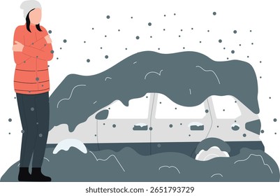 The car is buried under a blanket of snow, its windows frosted over. A girl stands beside it, visibly shivering in the cold, her breath forming small clouds in the air.