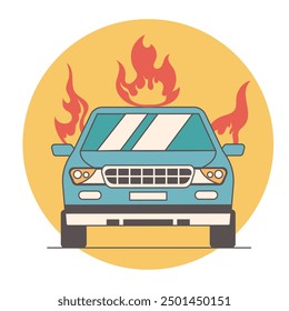 Car burn in damage transport accident. Vector flat cartoon graphic design illustration