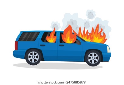 Car burning catching fire with smoke and flames