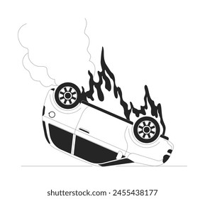 Car burning on accident black and white cartoon flat illustration. Dangerous situation. Upside down auto on fire 2D lineart object isolated. Crash on road monochrome scene vector outline image