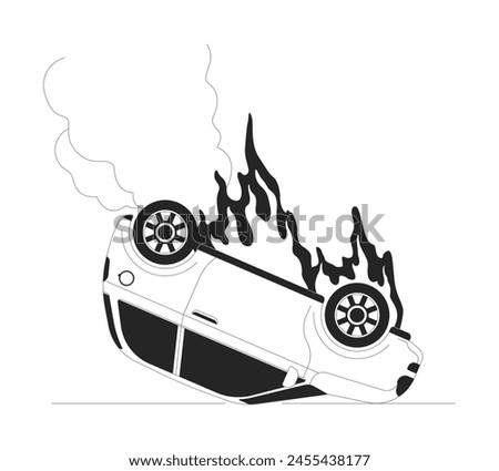 Car burning on accident black and white cartoon flat illustration. Dangerous situation. Upside down auto on fire 2D lineart object isolated. Crash on road monochrome scene vector outline image
