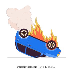 Car burning on accident line cartoon flat illustration. Dangerous situation. Upside down auto on fire 2D lineart object isolated on white background. Surviving crash on road scene vector color image