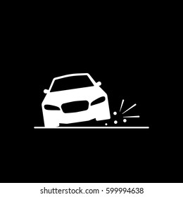 Car And Burst Tire On Road Flat Icon On Black Background