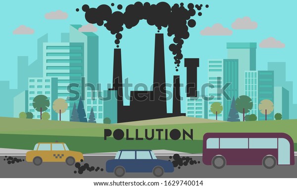 Car, bus air pollution. City road smog,\
factories smoke and industrial carbon dioxide clouds. Vehicle toxic\
pollution, polluted air or environment car waste hazard cartoon\
vector illustration