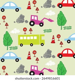 carro e ônibus doodle vetor sem emenda 
