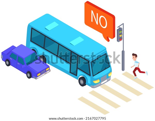 Car and bus near pedestrian crossing on street.\
Drivers stop in front of crosswalk with pedestrian. Man crossing\
road, running to stop signal. Movement and transportation in city,\
road marking