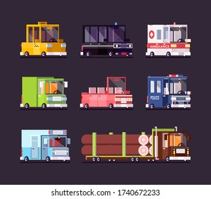 Car and bus pixel art set. Transport icons police car and yellow taxi isolated vector. Game assets. Design for sticker.