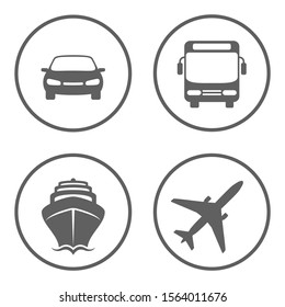 Car, bus, ship and plane signs in the circles isolated on white background. Vehicles for the carriage of passengers graphic icons set. Transport symbols. Vector illustration