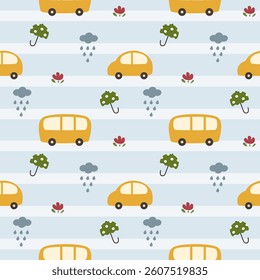 Car and bus yellow cartoon so cute. On umbrella flower rain background. Pattern seamless vector illustration. 