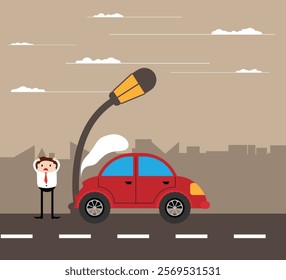 Car of Business Man Crashed into a Post in the City Flat Style. Vehicles, mode of transport and accidents on the road concept vector art