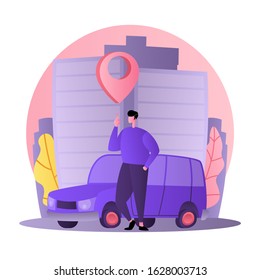 Car business sharing service concept, car rental illustration. Man driver with car. Modern flat style design. Abstract urban background. Map pointer sign steering wheel