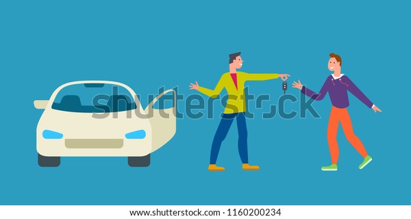 Car\
business sharing service concept, car rental illustration. Man\
gives car key to driver. Modern flat style\
design