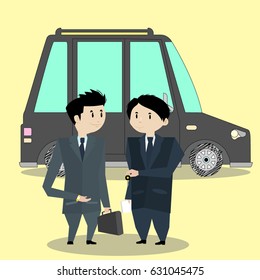 Car business. Vector detailed character buyer and seller, Car deal flat illustration style.