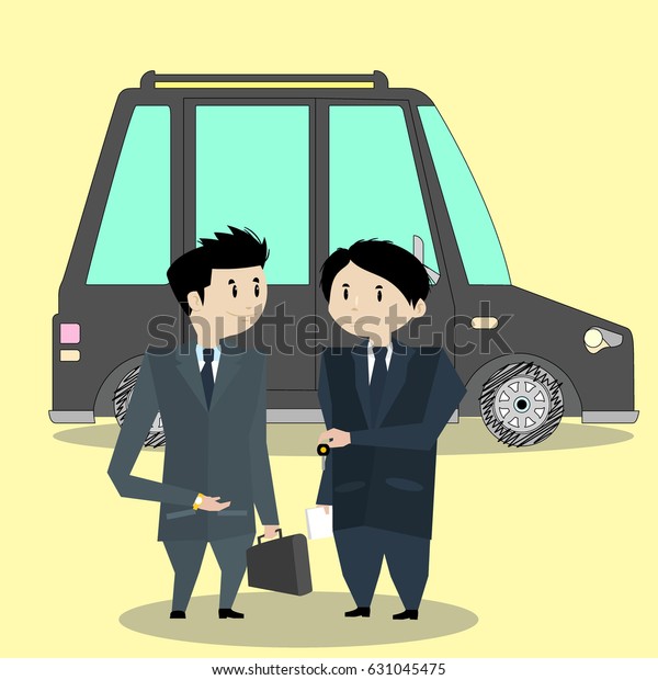 Car business. Vector detailed\
character buyer and seller, Car deal flat illustration\
style.