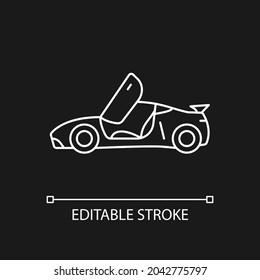 Car with butterfly doors white linear icon for dark theme. High-performance sports vehicle. Thin line customizable illustration. Isolated vector contour symbol for night mode. Editable stroke