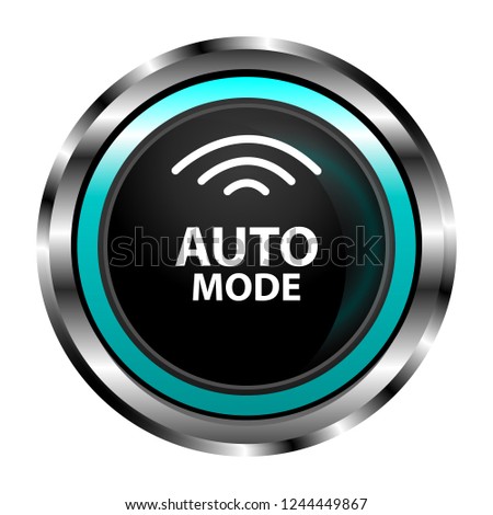 Car button in a metal case, neon lights, the inscription automatic mode, vector illustration, for websites and web applications. Isolated on white background.