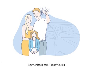 Car, buy, family concept. Young family bought brand new car. Happy man woman and their child show key from their vehicle. Boy, girl and child use carsharing and go on vacation. Simple flat vector.