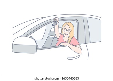 Car, buy, passing driving concept. Young cheerful woman passed her driving test and got driver license. Happy girl bought brand new car in salon and holds key on it in her hand. Simple flat vector