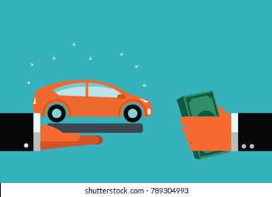 Car buy or rent. Hands with car and money