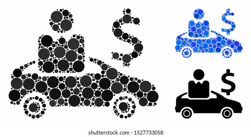 Car buyer mosaic of circle elements in various sizes and color tones, based on car buyer icon. Vector circle elements are composed into blue mosaic. Dotted car buyer icon in usual and blue versions.
