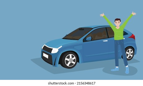 Car buyers raising hands with joy on both sides. New cars are powered by electricity. on isolated blue background. The car seen inside the car.