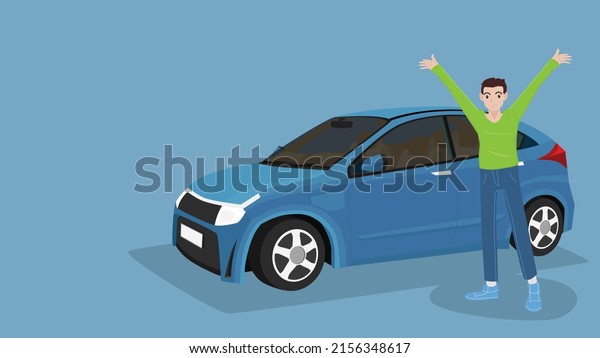 Car buyers raising hands with joy on both sides.\
New cars are powered by electricity. on isolated blue background.\
The car seen inside the\
car.