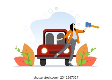 Car buying concept, car purchase, car financing. People buy cars. Clients are happy to buy new cars. Vehicle rental. Vector illustration in flat design for web banners, UI. Vector illustration.